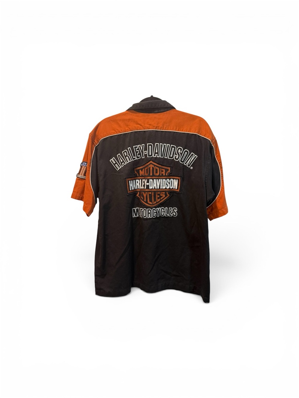 Harley-Davidson Black and Orange Short-Sleeve Button Down Shirt with Logo Back